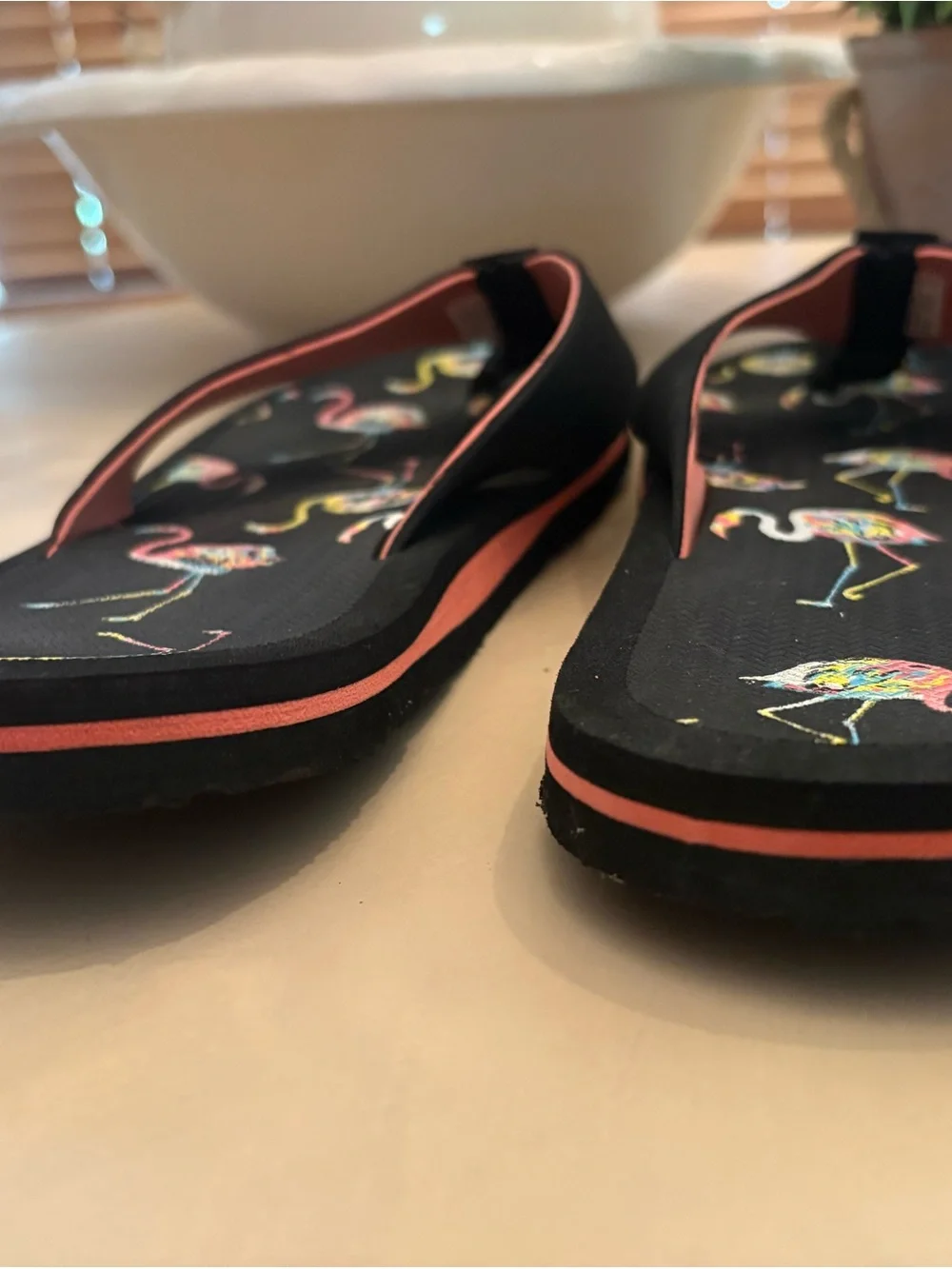 Black Flip Flops with Colorful Flamingo Print